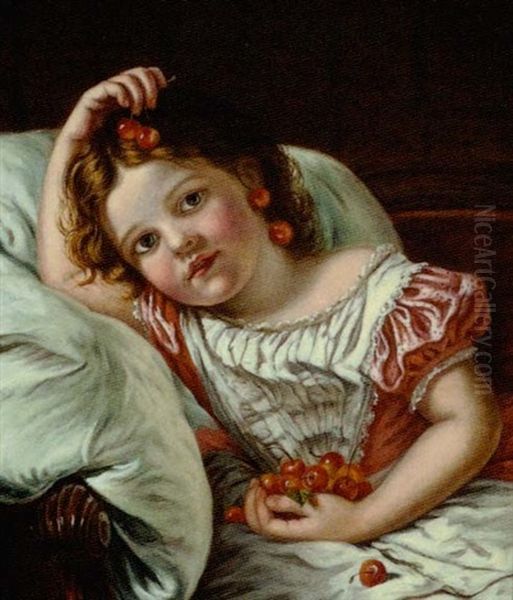 Portrait Of A Young Girl Holding Cherries Oil Painting by Sophie Anderson