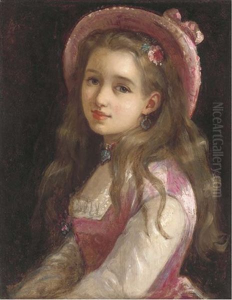 Portrait Of A Young Girl, Half-length In A Pink Dress And Hat Oil Painting by Sophie Anderson