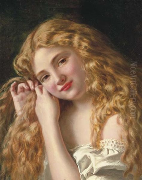 A Young Girl Braiding Her Hair Oil Painting by Sophie Anderson