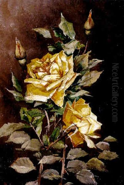 Gelbe Teerosen Vor Dunklem Hintergrund Oil Painting by Sophie Anderson