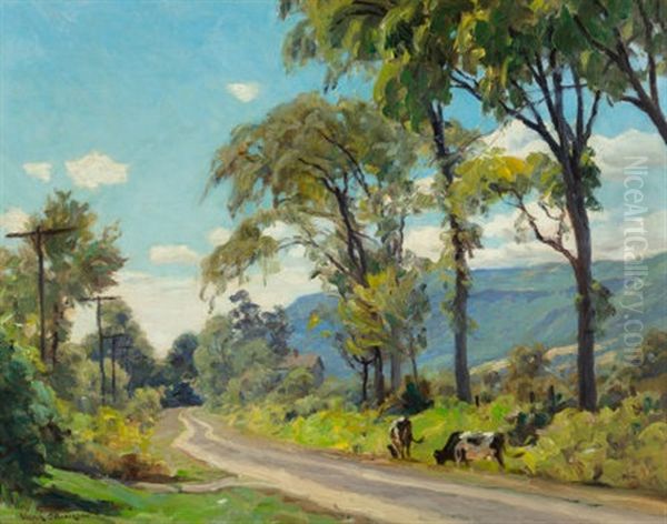 Cows Grazing By The Road Oil Painting by Victor Coleman Anderson