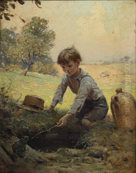 Young Boy Coaxing A Frog Oil Painting by Victor Coleman Anderson