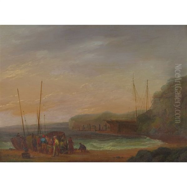 Fishermen On The Shore With Boats In A Dock Beyond Oil Painting by William Anderson