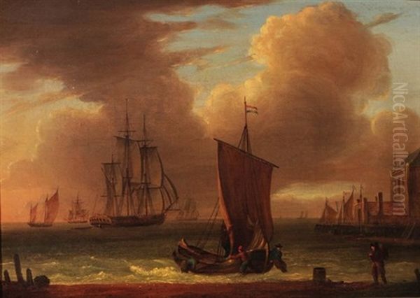 A Dutch Hooker Putting To Sea With An Indiaman And General Shipping Off The Dutch Coast Oil Painting by William Anderson