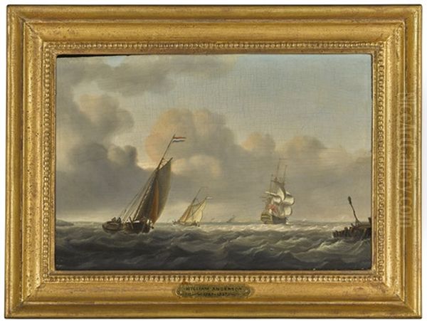 Dutch Barges Running Inshore In A Breeze, An English Man-o'-war Beyond Oil Painting by William Anderson