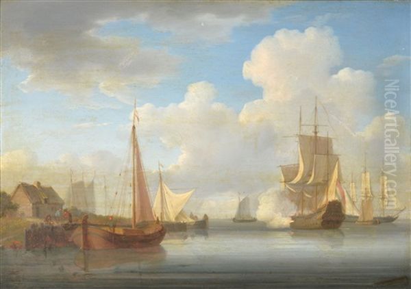 A Tranquil Estuary Scene With Figures Unloading A Barge Oil Painting by William Anderson