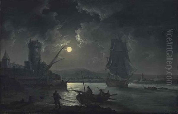 Shipping Under A Full-moon, With Blackrock Castle Beyond Oil Painting by William Anderson