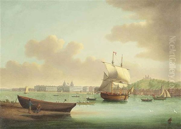 A Merchant Brig Running Up The Thames At Greenwich And Passing The Royal Observatory Oil Painting by William Anderson