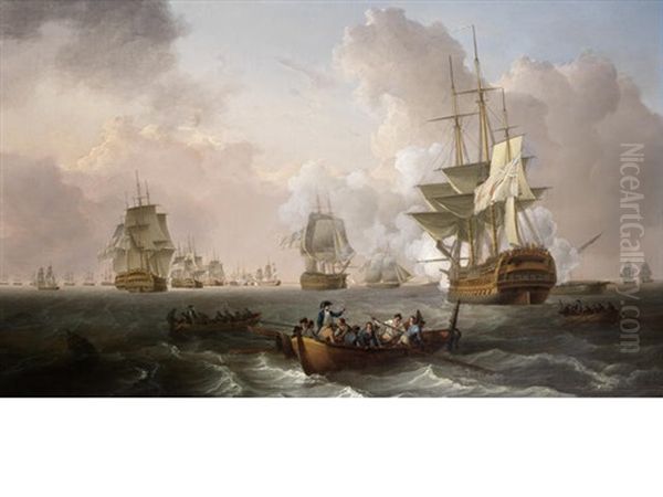 H.m.s. Culloden, Under Captain Troubridge's Command, Stranded On A Shoal Off Aboukir Island As The Battle Of The Nile Rages In The Distance Ahead Of Her by William Anderson