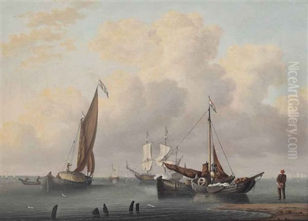 A Dutch Frigate Saluting Her Departure From The Anchorage, With Fishermen On Their Boats In The Foreground Oil Painting by William Anderson