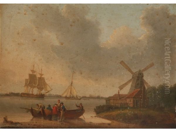 Figures And Boats On A Shoreline With A Windmill And Sailing Vessels Beyond Oil Painting by William Anderson