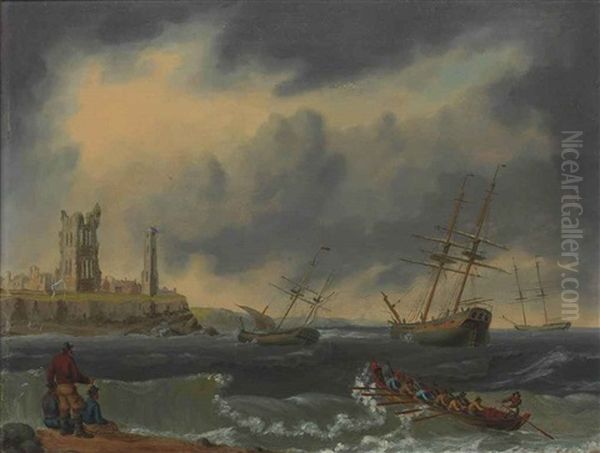 Shipping At Anchor Riding Out A Gale Off The Mouth Of The Tyne, With The Ruins Of Tynemouth Priory And The Old Lighthouse On The Headland Oil Painting by William Anderson