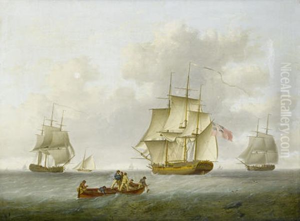 Merchant And Naval Frigate Closing Offshore Oil Painting by William Anderson