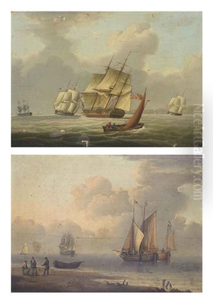 A Frigate And Other Shipping Heeling In The Breeze... (+ Barges And Other Shipping In A Calm Off The Dutch Coast, With Fishermen...; Pair) Oil Painting by William Anderson