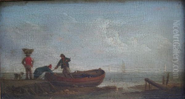 Fisherfolk With Boats On The Shore (+ Another; Pair) Oil Painting by William Anderson