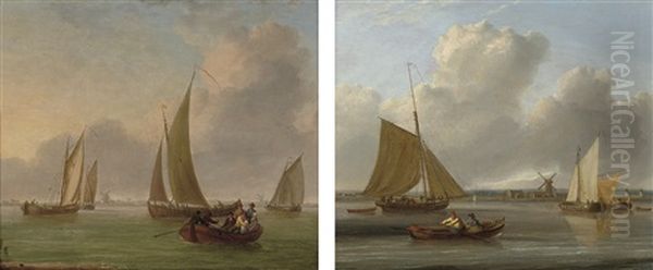 The Ferry Crossing (+ A Crowded Cutter And Fishing Barges On The Estuary; Pair) Oil Painting by William Anderson