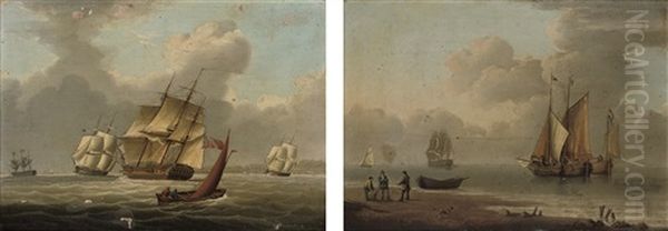 A Royal Navy Frigate Running Up The Estuary (+ Dutch Barges At Anchor In A Calm; Pair) Oil Painting by William Anderson