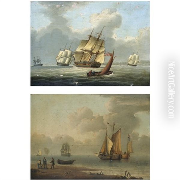 A 28-gun Frigate Of The Royal Navy Off The Coast (+ Fishing Boats Off The Shore In A Calm; Pair) Oil Painting by William Anderson