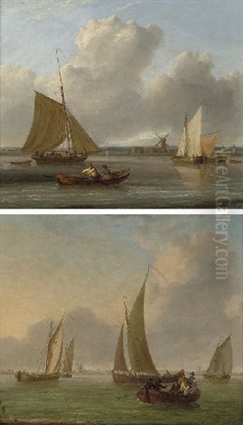 Traffic On The Thames, Down River From Greenwich Hospital (+ Barges On The Thames, With A Passenger Ferry Heading For The Foreshore; Pair) Oil Painting by William Anderson