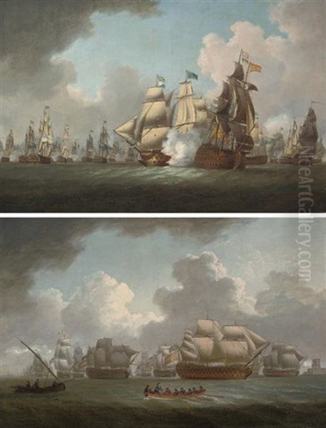 H.m.s. "victory" Engaging The Spanish Flagship At The Battle Of Cape St. Vincent (+ The Spanish Prizes Entering The Tagus After The Battle; Pair) Oil Painting by William Anderson