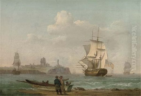 A Merchantman Lowering Her Sails And Running Into Tynemouth Oil Painting by William Anderson