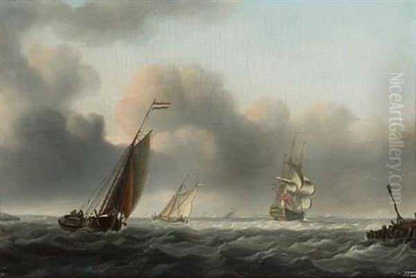 Dutch Barges Running Inshore On A Breezy Day As An English Man-o'war Passes By Oil Painting by William Anderson