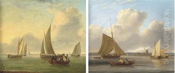 Sailing Boats And A Rowing Boat In An Estuary, A Windmill Beyond (+ Sailing Boats And Passengers Being Rowed To Shore In An Estuary, Windmills Beyond; Pair) Oil Painting by William Anderson