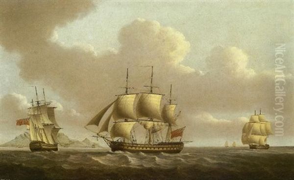 A 74-gun Third Rate In Three Positions Off Table Bay, Cape Of Good Hope, With Table Mountain In The Distance Oil Painting by William Anderson