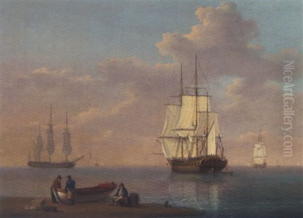 Frigates At Anchor, With A Ship's Cutter On The Shore Oil Painting by William Anderson