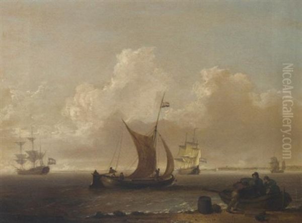 A Dutch Warship And Merchantmen In An Estuary, With Figures Unloading Barrels On The Foreshore Oil Painting by William Anderson