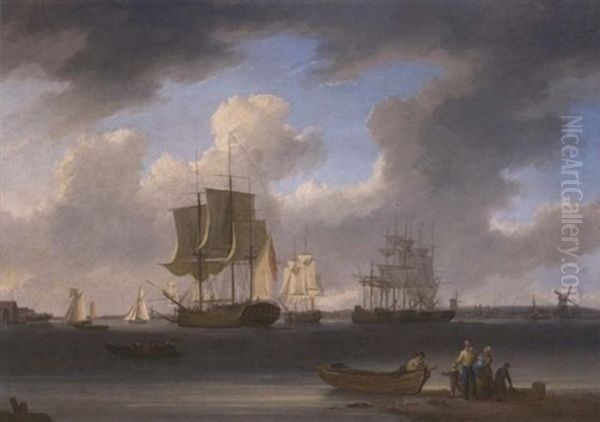 A Three-master And Other Ships On The Thames At Millwall With Colliers Moored In The Middle Of The River Oil Painting by William Anderson