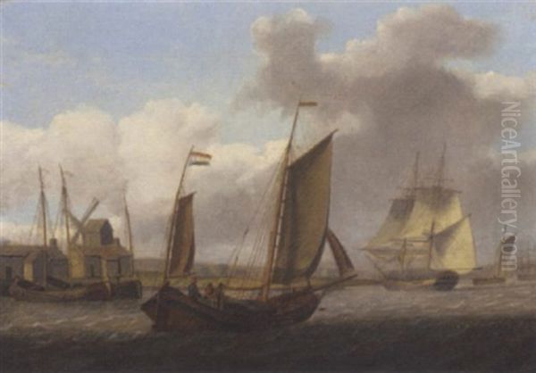 A Dutch Barge Running Up The Estuary With A Brig Turning In The River Ahead Of Her Oil Painting by William Anderson