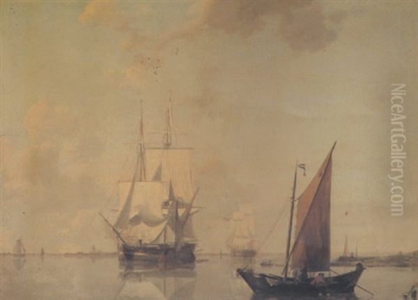 Merchant Ships Moored In An Estuary With Fishermen In The Foreground Oil Painting by William Anderson