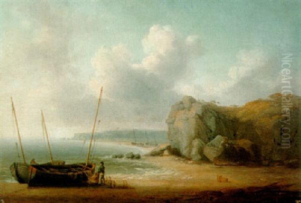 Coastal Scene With A Fisherman Unloading His Catch Oil Painting by William Anderson