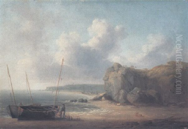 Coastal Scene With A Fisherman Unloading His Catch Oil Painting by William Anderson