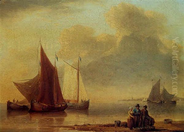 Coastal Scene With Fisherfolk On The Shore Oil Painting by William Anderson