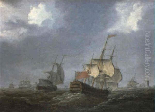 A Squadron Of The Red Manoeuvering Off A Lighthouse Oil Painting by William Anderson