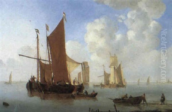 Dutch Coastal Craft Anchored Just Off-shore Oil Painting by William Anderson