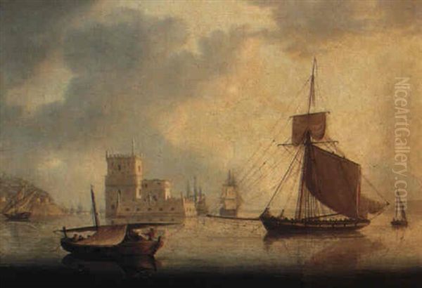 Naval Cutter By Belem Tower At The Mouth Of The Tagus Oil Painting by William Anderson