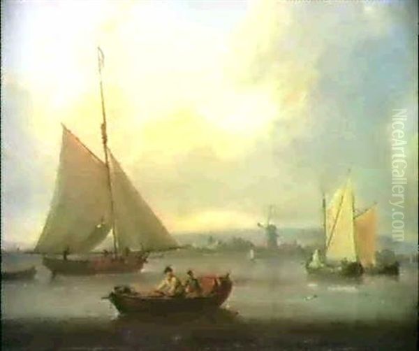 Shipping On An Estuary, A Windmill Beyond;                  Fishing Vessels On An Estuary Oil Painting by William Anderson