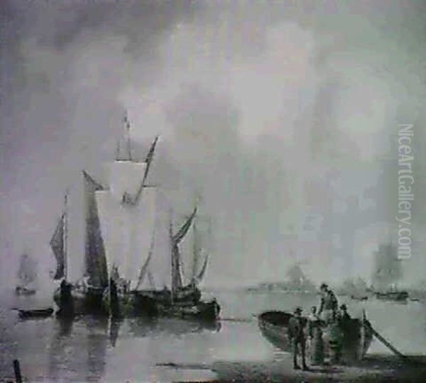 Figures And Sailing Vessels Off A Coastline. Oil Painting by William Anderson