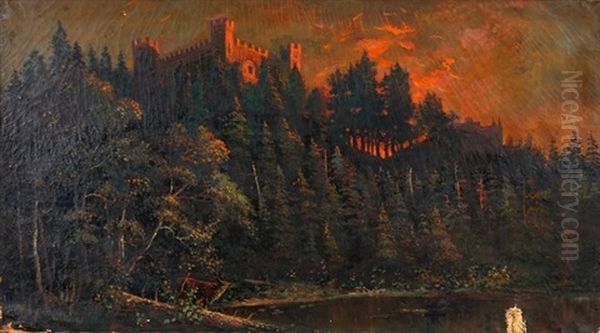 Sunset Landscape With Deer And Castle In Distance Oil Painting by William (Will.) Anderson