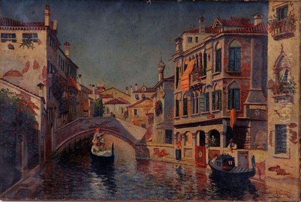 Venetian Canal Scene With Gondolas Oil Painting by William (Will.) Anderson