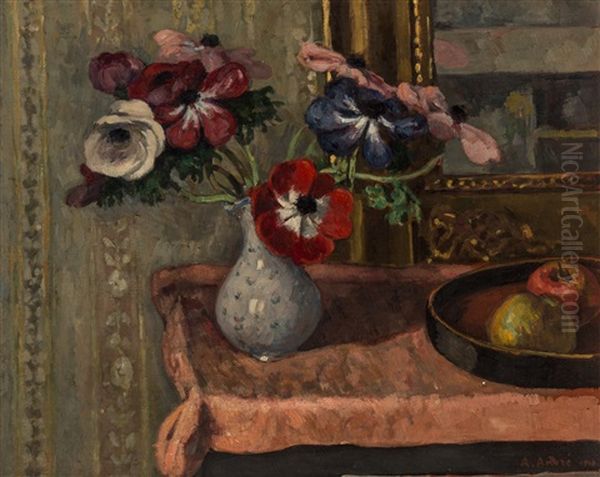 Nature Morte: Vase De Fleurs Et Fruits Sur Une Table Oil Painting by Albert Andre