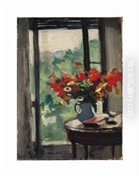 Vase De Fleurs Devant La Fenetre Oil Painting by Albert Andre