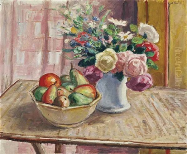 Fleurs Dans Un Vase Et Fruits Oil Painting by Albert Andre