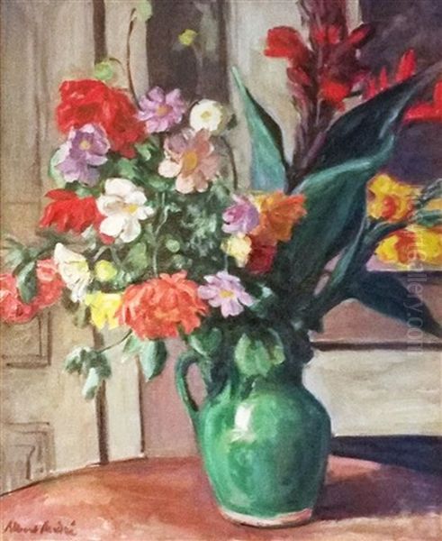 Bouquet Of Flowers In The Green Vase Oil Painting by Albert Andre