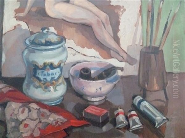 Nature Morte Dans L'atelie Au Pot De Tabac Oil Painting by Albert Andre