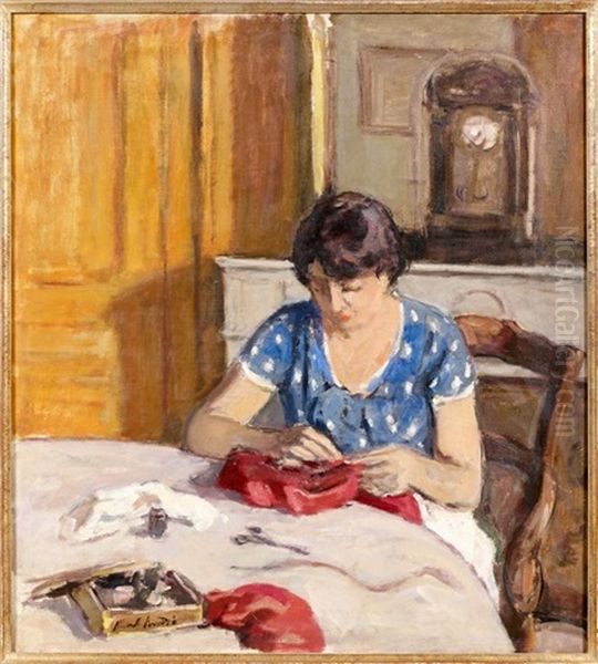 Femme Cousant Dans Un Interieur Oil Painting by Albert Andre