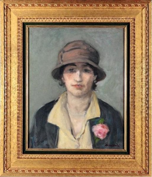 Portrait De Femme Au Chapeau Cloche, Une Rose Au Revers De Son Tailleur Oil Painting by Albert Andre